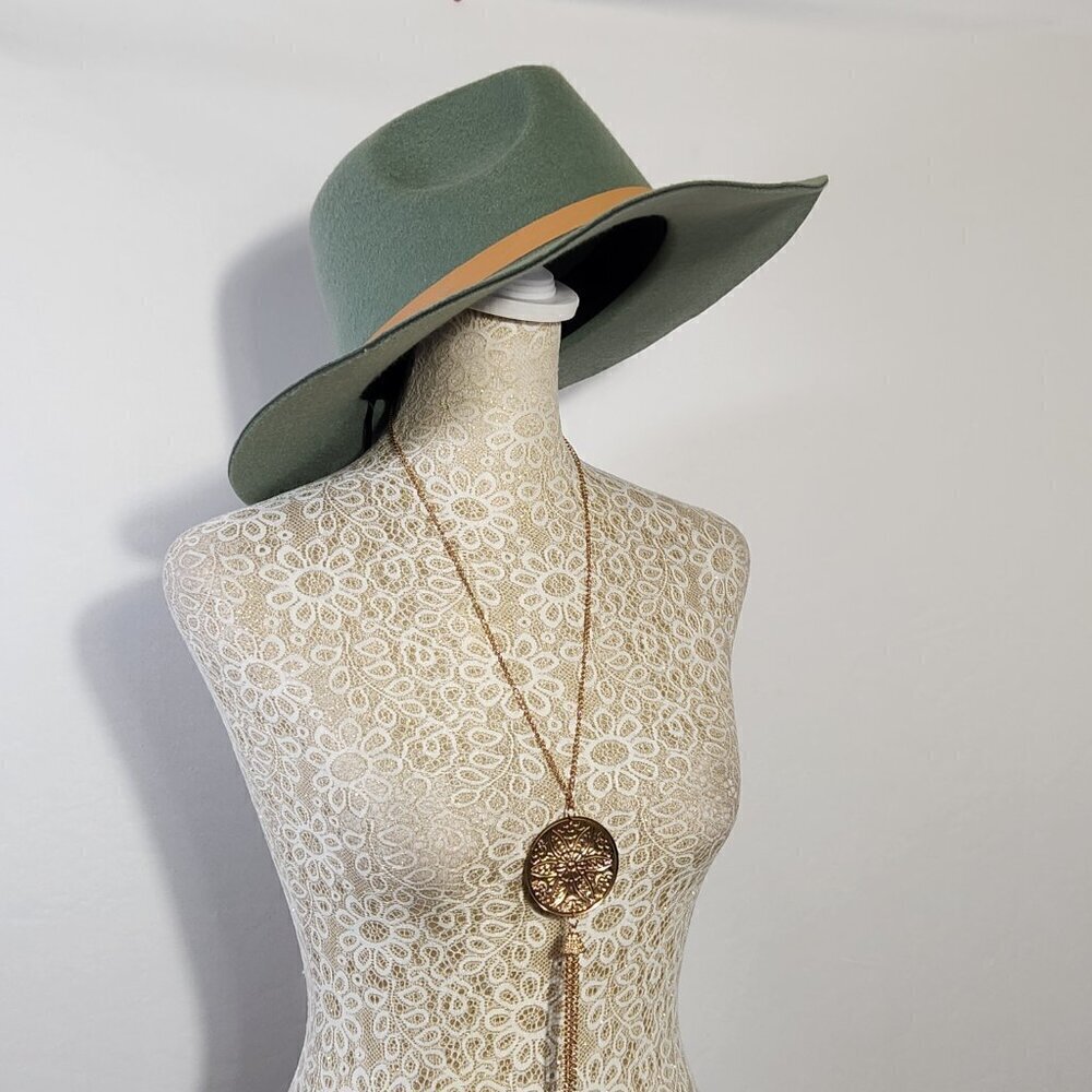 Fedora Hat Sage Green Soft Felt Pinched Crown Wide Brim Unisex Travel Walking